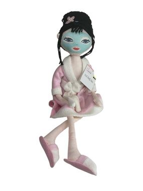 Spa Girl Shelf Sitter Plush Doll Pink Bathrobe Slippers Blue Face Decor NWT